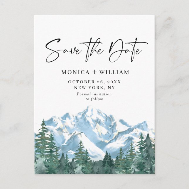 Watercolor Mountains Forest Wedding Save the Date  Postcard (Front)