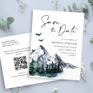 Watercolor Mountains Forest Wedding Save the Date Postcard