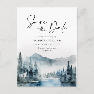 Watercolor Mountains Forest Wedding Save the Date Postcard