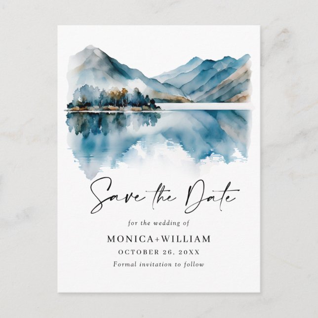 Watercolor Mountains Forest Wedding Save the Date Postcard (Front)