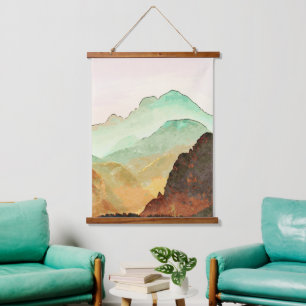 Watercolor Mountains Landscape in Teal and Brown  Hanging Tapestry