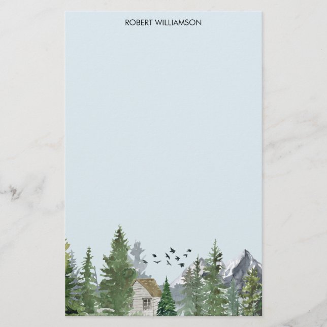 Watercolor Mountains Nature Fir Trees Forest Cabin Stationery (Front)