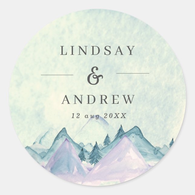 Watercolor Mountains Personalised Wedding Classic Round Sticker (Front)