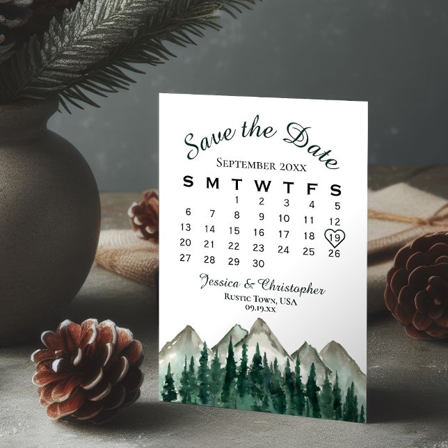 Watercolor Mountains & Pine Wedding Calendar Save The Date (Creator Uploaded)