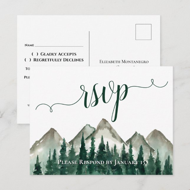 Watercolor Mountains & Pines Wedding RSVP Postcard (Front/Back)
