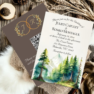 Watercolor Mountains, QR Code & Monogram - Mocha Invitation