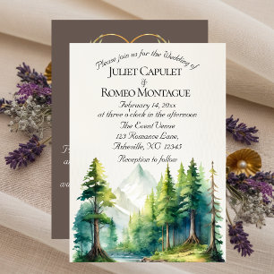 Watercolor Mountains, QR Code & Monogram - Mocha Invitation