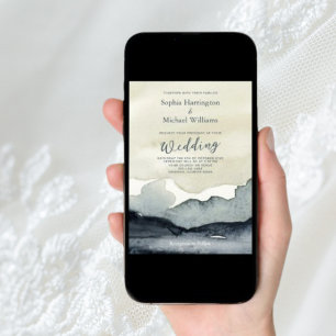 Watercolor Mountains Wedding Invitation QR Code 