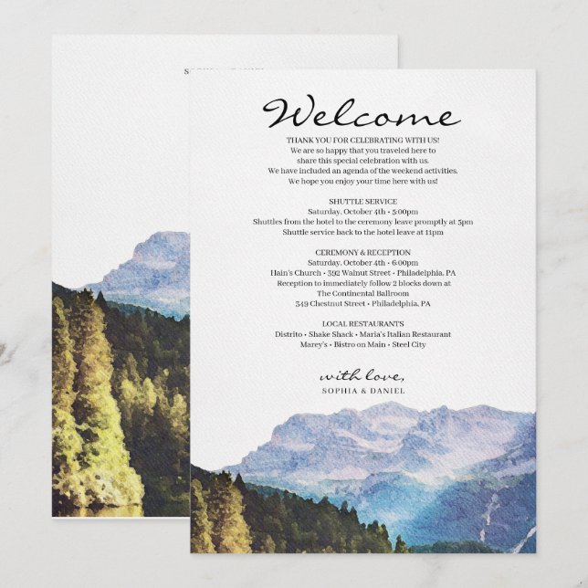 Watercolor Mountains Wedding Welcome Itinerary Program (Front/Back)