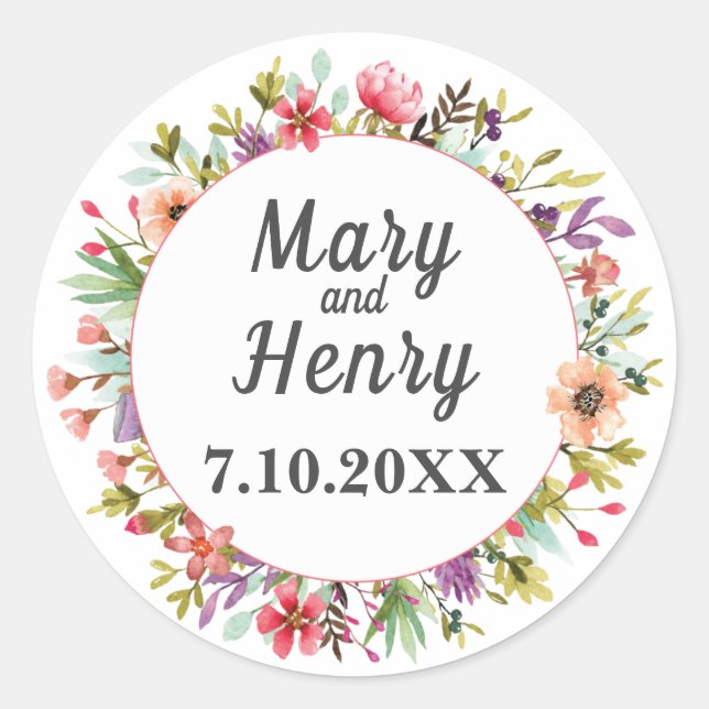 Watercolor Mountainside Meadow Wildflowers Wedding Classic Round Sticker (Front)