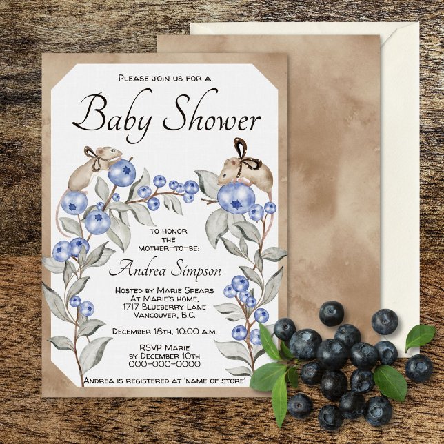 Watercolor mouse and blueberry baby shower  invitation (Creator Uploaded)
