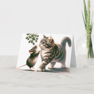 Watercolor Mouse and Cat Under Mistletoe Holiday Card