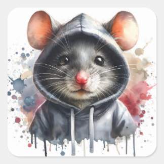 Watercolor Mouse in Grey Hoodie Splash Art Square Sticker