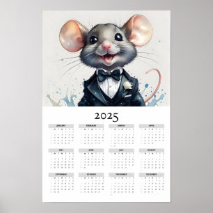 Watercolor Mouse Tuxedo Bow Tie 2025 Wall Calendar Poster