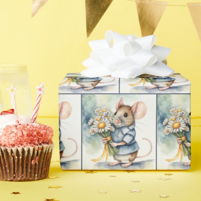 Watercolor Mouse With Daisy Bouquet Wrapping Paper (Birthday Party)