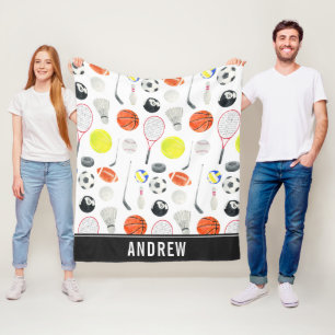 Watercolor Multi Sport Pattern Balls Kid Boy Name  Fleece Blanket