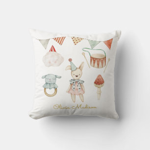 Watercolor Mushroom and Baby Toys Whimsical Throw Pillow