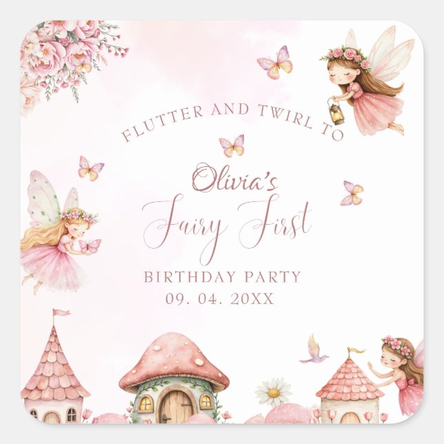 Watercolor Mushroom Fairy 1st Birthday Forest  Square Sticker (Front)