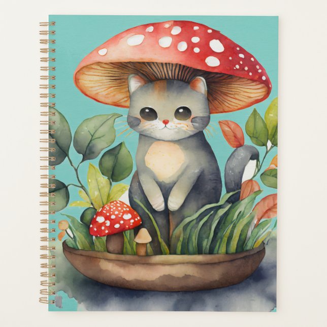 Watercolor Mushroom Garden Cat Planner (Front)