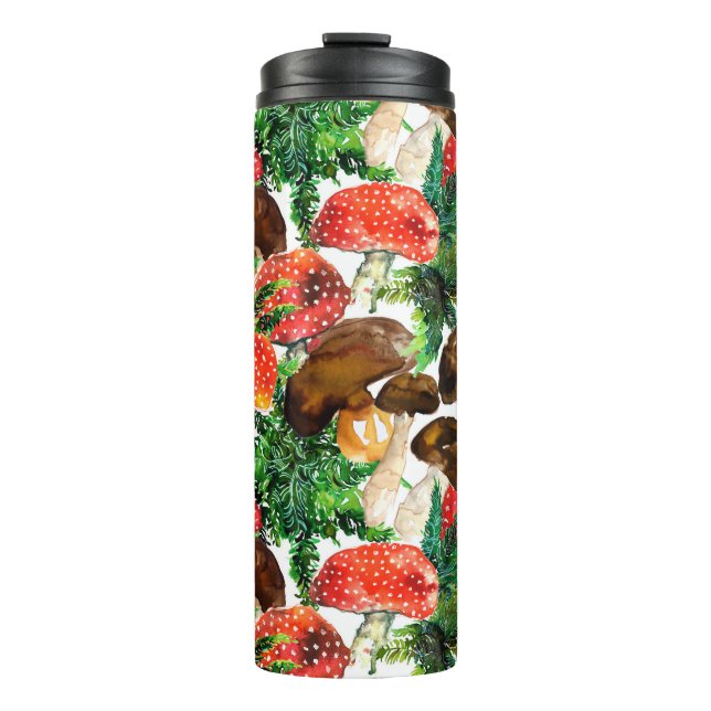 Watercolor  mushrooms and green fern pattern thermal tumbler (Front)