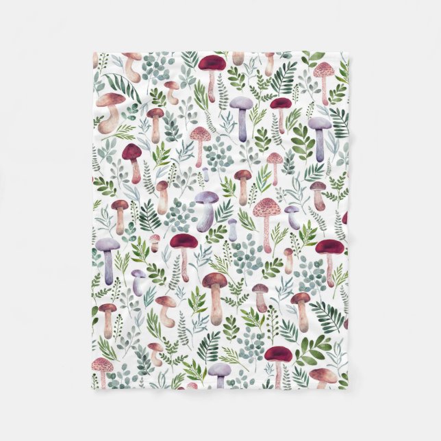 Watercolor Mushrooms and  greenery leaves pattern  Fleece Blanket (Front)