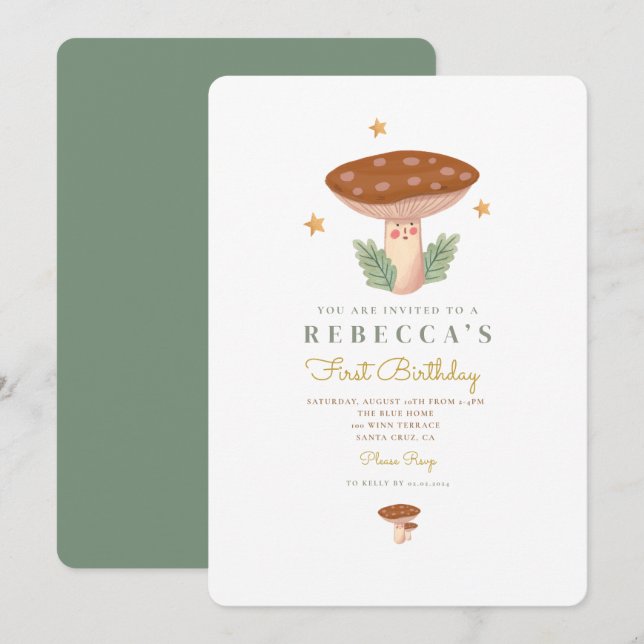 Watercolor mushrooms First Birthday  Invitation (Front/Back)