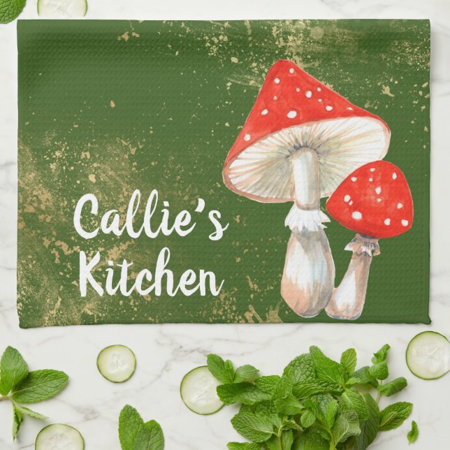 Watercolor Mushrooms Personalized Kitchen Towel (Folded)