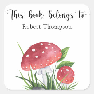 Watercolor mushrooms - this book belongs to square sticker