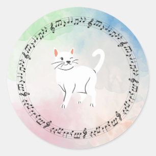 Watercolor Music Cat Classic Round Sticker