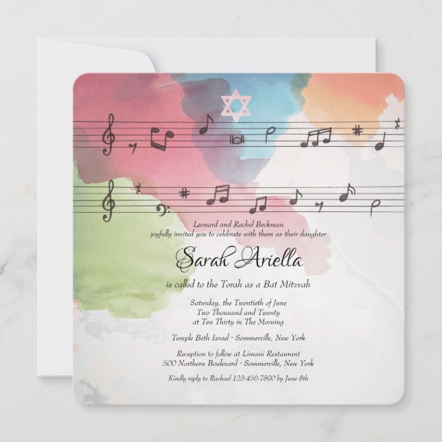 Watercolor Music Notes Invitation du Bat mitzvah (Devant)