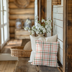 Watercolor Muted Peach, Green and Cream Plaid Throw Pillow
