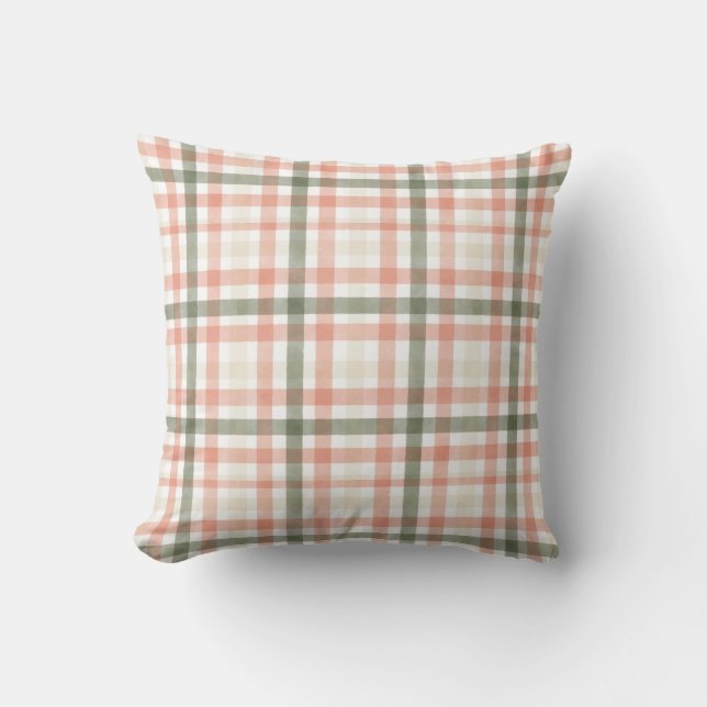 Watercolor Muted Peach, Green and Cream Plaid Throw Pillow (Front)