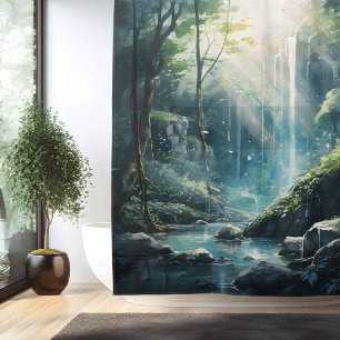 Watercolor Mystic Forest Waterfall