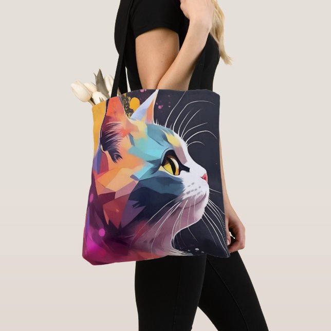 Watercolor Mystical Cute Cat Tote Bag (Close Up)