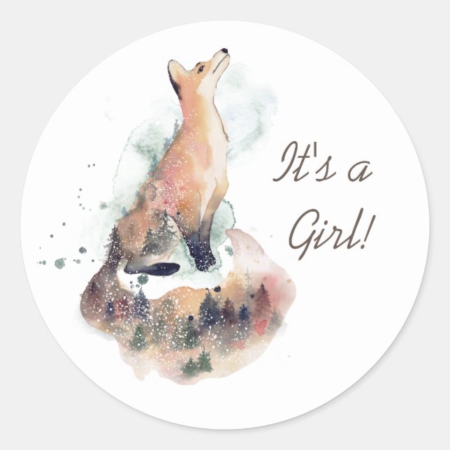watercolor mystical fox It's a Girl Sticker (Front)