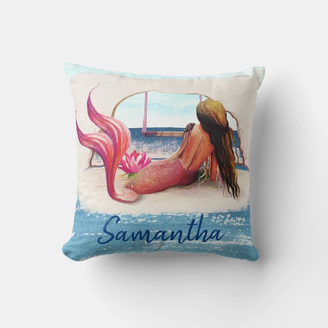 Watercolor Name Beach Mermaid African American Throw Pillow (Front)