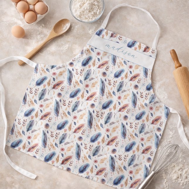 Watercolor Name Boho Feather Floral Personalized Apron (Creator Uploaded)