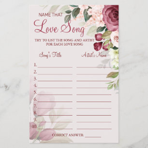 Watercolor  Name that love song shower game card
