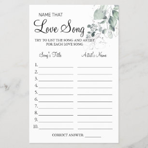 Watercolor Name that love song shower game card