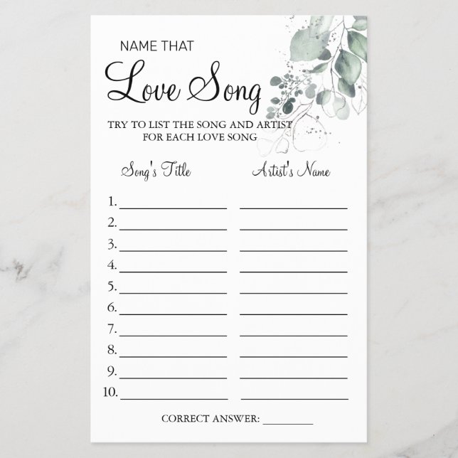 Watercolor  Name that love song shower game card (Front)
