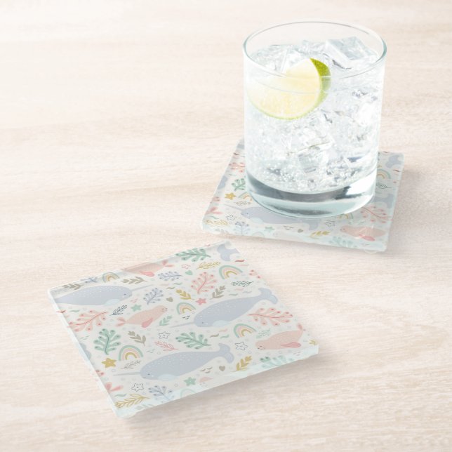 Watercolor Narwhal & Seal Pattern Glass Coaster (Angled)