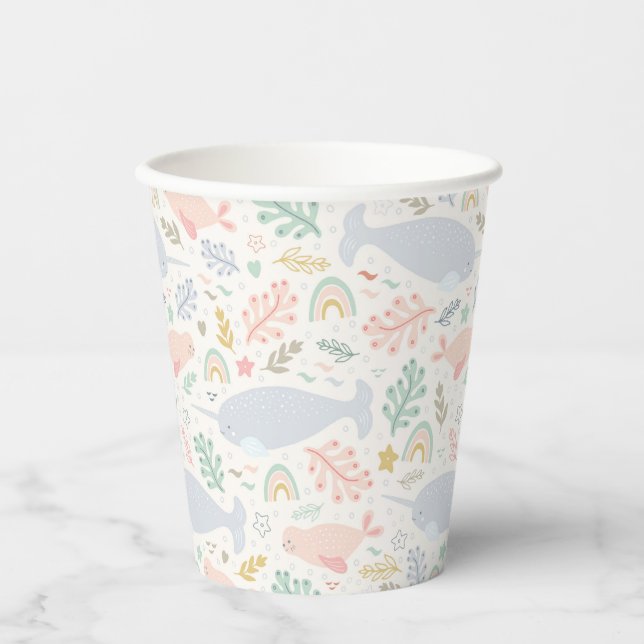 Watercolor Narwhal & Seal Pattern Paper Cups (Front)