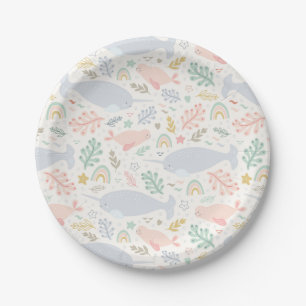 Watercolor Narwhal & Seal Pattern Paper Plate