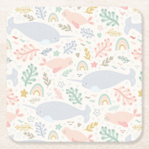 Watercolor Narwhal & Seal Pattern Square Paper Coaster