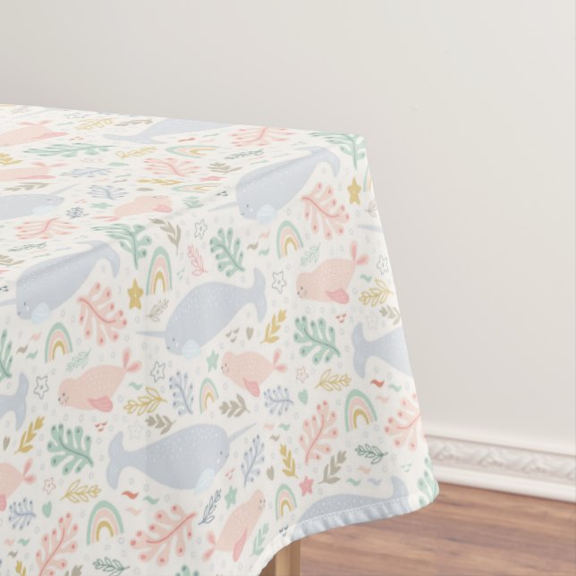 Watercolor Narwhal & Seal Pattern Tablecloth (In Situ)