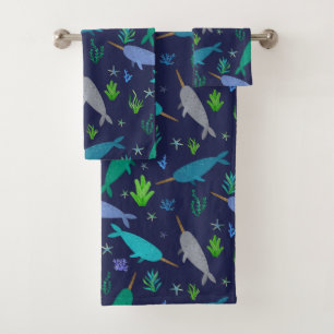 Watercolor Narwhals Under The Sea Gold Bath Towel Set