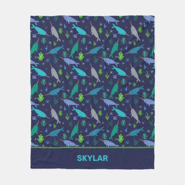 Watercolor Narwhals Under The Sea Gold Kids Fleece Blanket (Front)