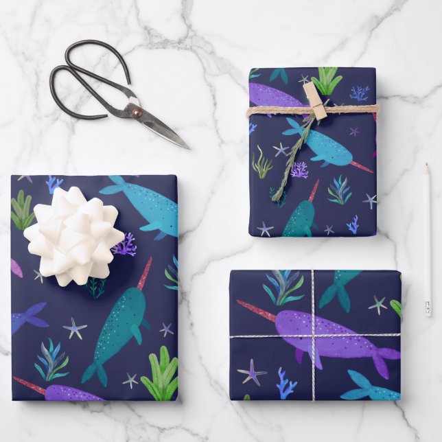 Watercolor Narwhals Under The Sea Gold Wrapping Paper Sheet (Front)