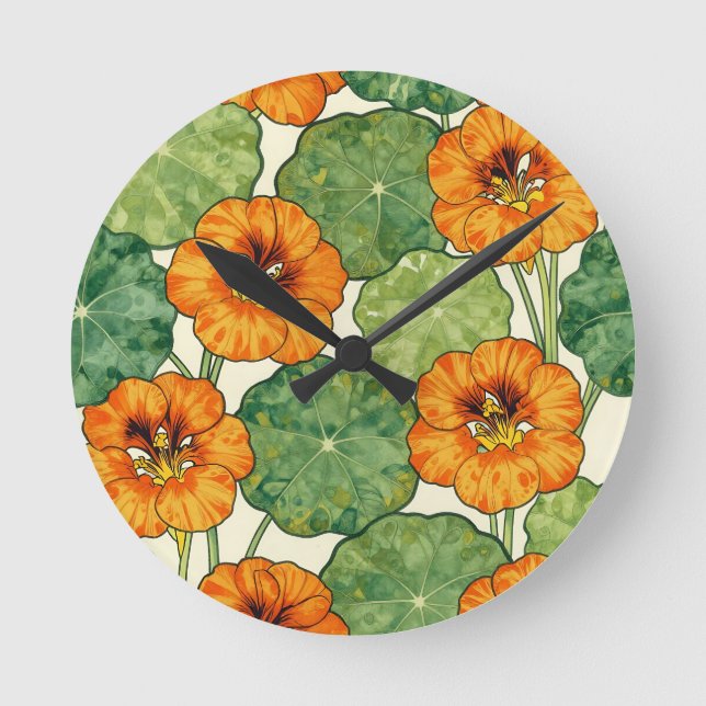 Watercolor Nasturtium Floral Pattern Round Clock (Front)
