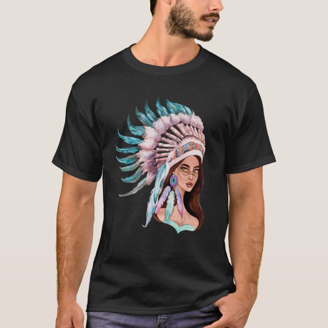 Watercolor Native Woman Warrior Feather Headdress T-Shirt (Front)